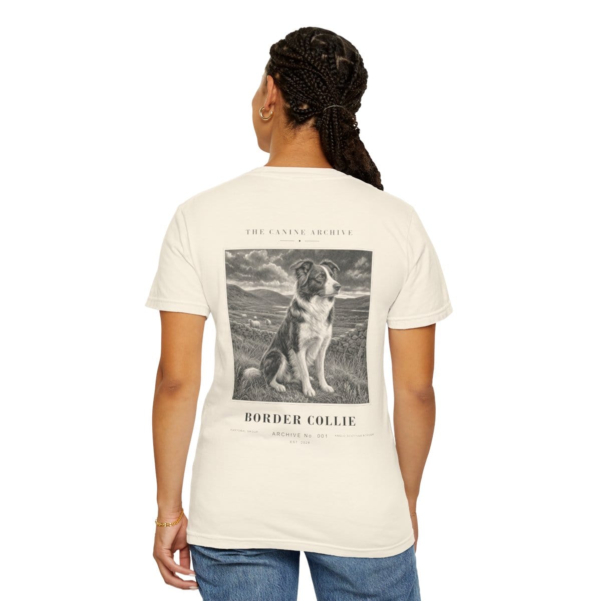 Model showing the full back illustration on the ivory Border Collie Archive Tee