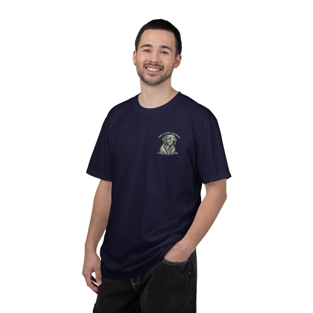 Model wearing the true navy Labrador Retriever Portrait Tee with a small chest illustration